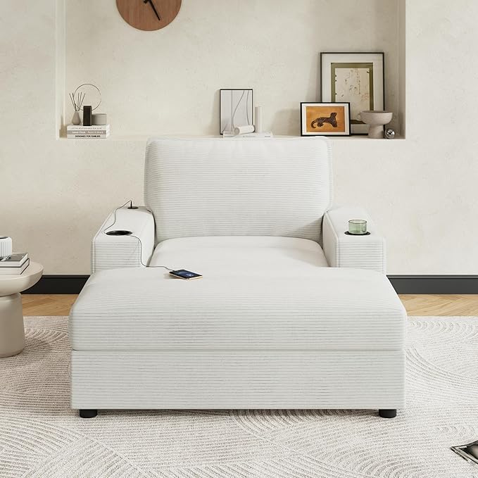 42.8 Oversized Chaise Lounge Chair with Storage Ottoman Corduroy Sofa Bed with Cup Holders &amp USB Charging Port Upholstered Sleeper Chair for Living Room BedroomBeige