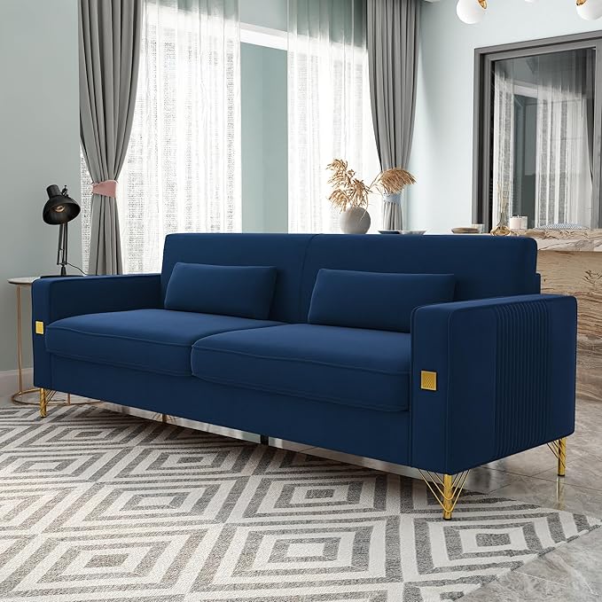 KEIKI 86 Oversized Luxury Velvet Sofa with Armrest and Removable Plush Cushions Gold Accents 3-Seater Couch with Solid Legs Easy Assembly for Living Room Bedroom Apartment Blue