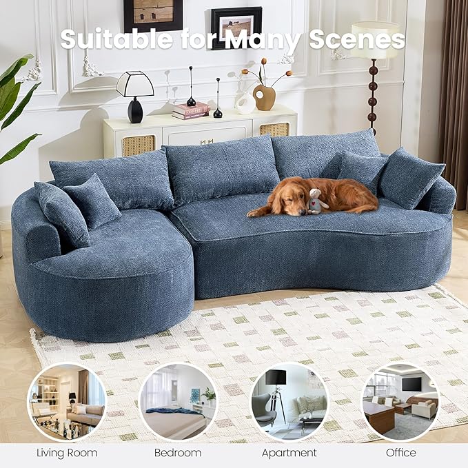 126” Oversized Curved Sectional Sofa L Shaped Chenille Boneless Couch with Deep Seat &amp 7 Pillows for Living Room Bedroom No Assembly Required (Blue)