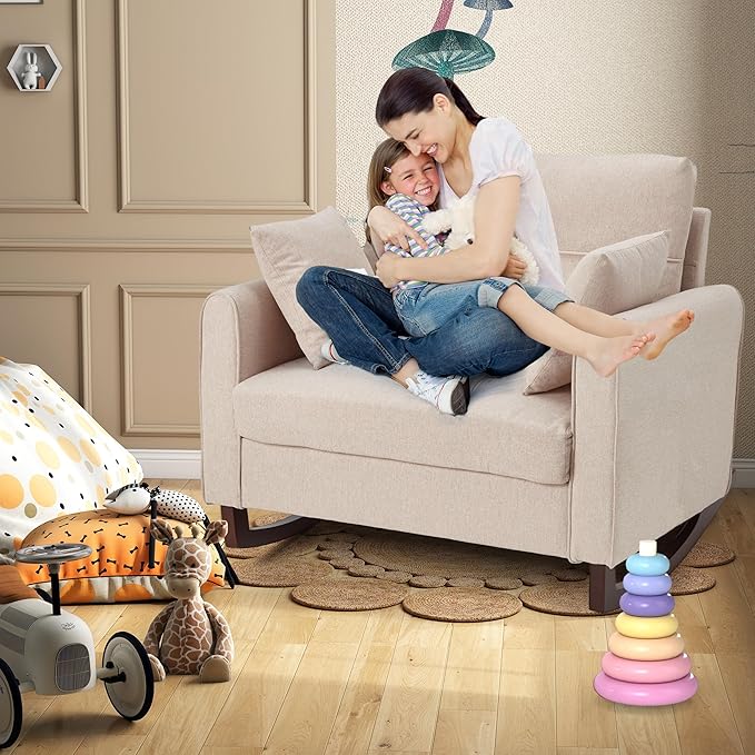 HOMREST Rocking Chair Upholstered Nursery Rocking Chair with High Back and Side Pocket USB Port Double Wide Rocker Glider Chairs with Wood Legs for Living Room Bedroom Nursery Beige