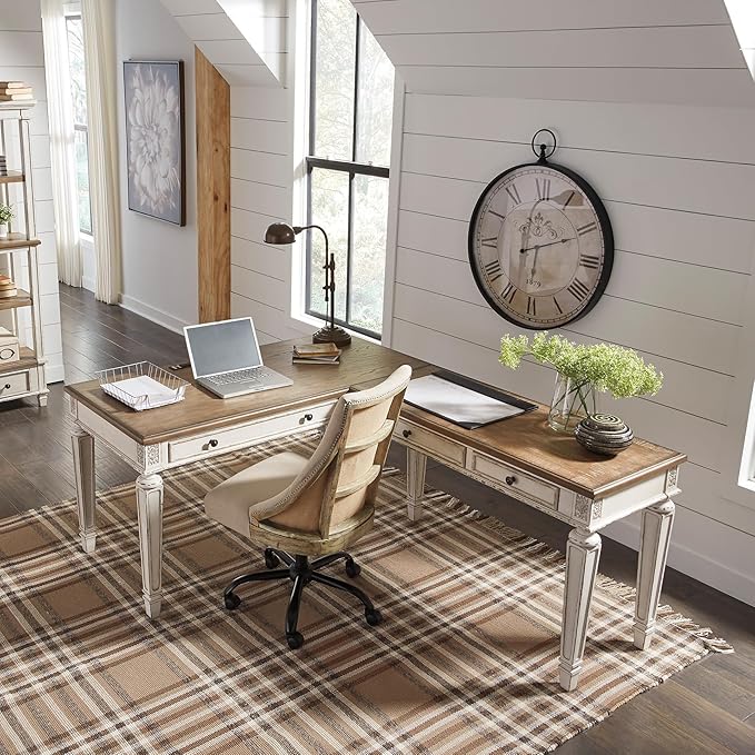 Signature Design by Ashley Realyn Cottage L-Shaped Distressed 2-Piece Home Office Desk with Power Supply and USB Ports White &amp Light Brown