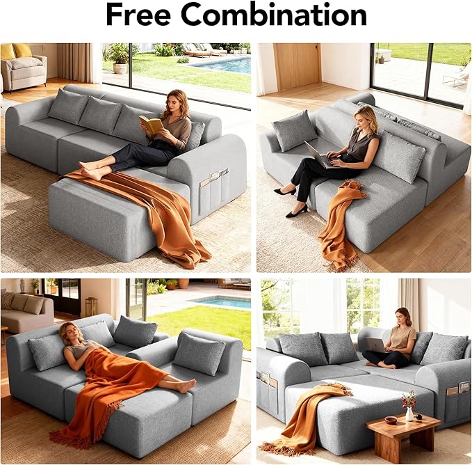 Rengue 105.5 Cloud Boneless Sectional Sofa for Living Room 4-Seater L-Shaped Comfy Couch with Ottoman 4 Pillows Deep Seat Chenille Sofa No Assembly Required (Light Grey) 72h to Restore