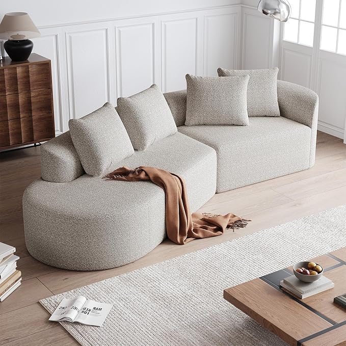 112-inch Curved Sofa Modular Sectional Modern Oversized Chenille Cloud Memory Foam Compression Boneless Sofa Couch with 4 Pillows for Living Room Bedroom Office Left Facing Chaise Beige