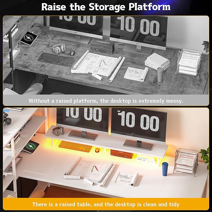 Computer Desk with 6 Storage Shelves &amp 2 Fabric Drawers63'' L Shaped Gaming Desk with Power Outlet &amp LED Strip Reversible Office Desk with Monitor Stand White