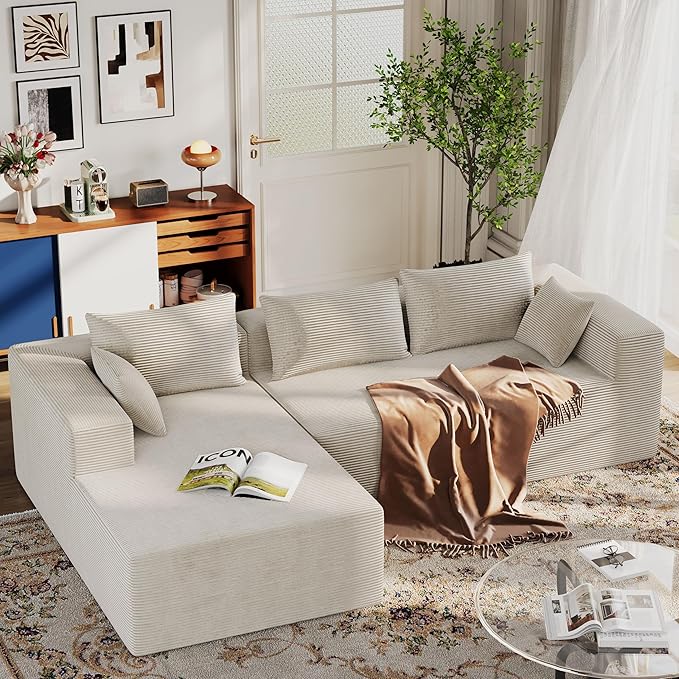 ALISH 111 Inch L-Shaped Cloud Sectional Sofa Couch Compression Couch with Chaise Modular Deep Seat Boneless Design for Easy Setup Plush Upholstered Living Room Bedroom Apartment Furniture Beige