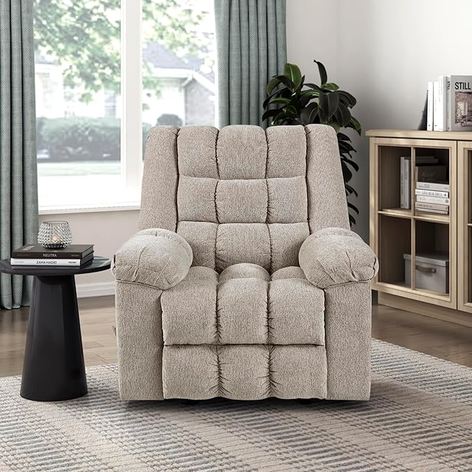 Lexicon Chenille Rocker Reclining Chair for Adults Rocker Pull Handle Recliner Nursery Chair for Living Room/Bedroom High Back Pillow Top Arms High Density Foam Cushions Light Brown