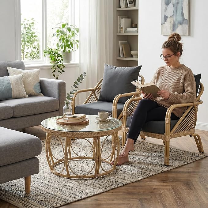 Living Room Chairs Accent Chairs Set of 2 with Coffee Table Comfy Arm Chair with Cushions Rattan Reading Accent Chair for Bedroom Mid Century Modern Couch for Sunroom/Deck/Lounging Gray