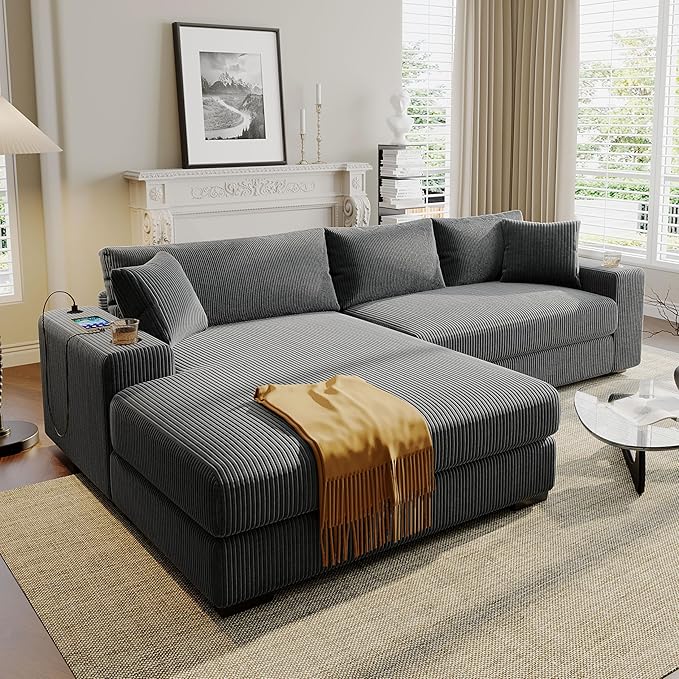 WILLIAMSPACE 111.5 Sectional Sofa Couch with Large Chaise Modren Upholstered L-Shape Sofa Comfy 3 Seater Couch with Cup Holders &amp Charging Ports for Living Room Corduroy (Left-FacingGray)