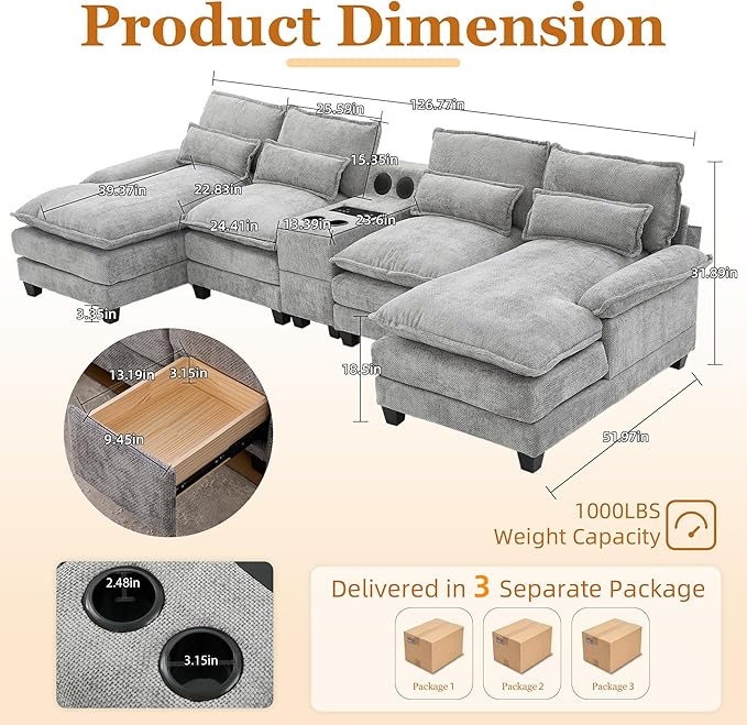 126 Modular Sectional Sofa with Storage Console Cloud Couch Chenille U-Shaped Sofa Cup Holders &amp Wireless Charger Memory Foam Double Chaise for Living Room Office Grey