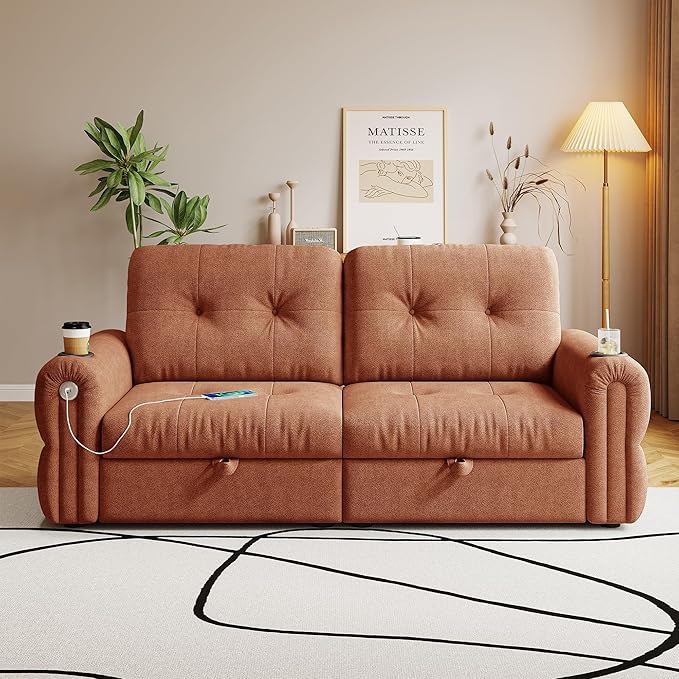 KEIKI 3 in 1 Sleeper Sofa Bed 80.4 Pull Out Couch Loveseat Sofa Futon Bed with USB Port for Living Room Bedroom Apartment Orange
