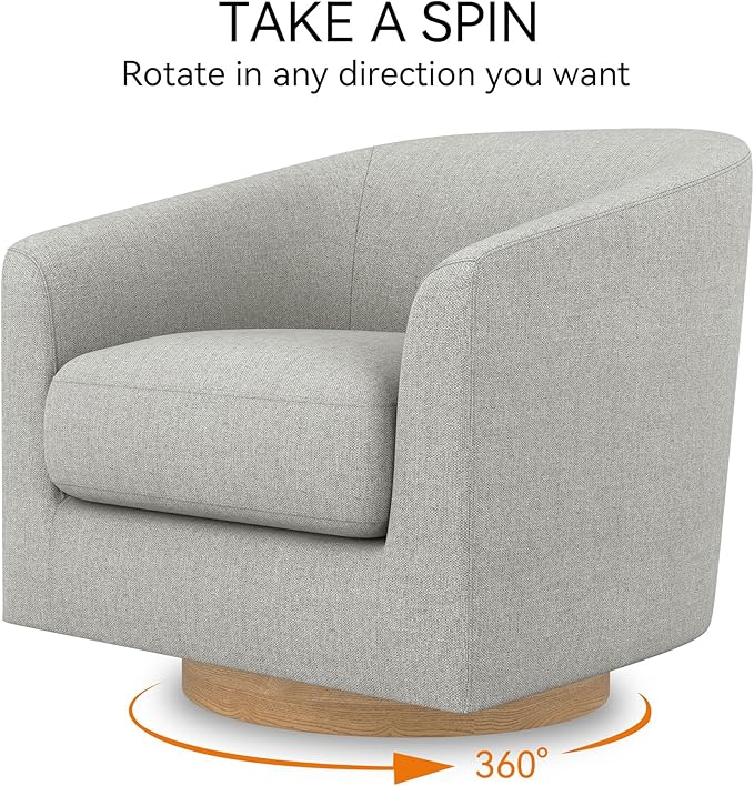 Swivel Accent Chair Upholstered Modern Barrel-Curved Armchair Linen Fabric Comfty Sofa Reading Chair with Solid Wood Base for Bedroom Club Living Room Light Grey