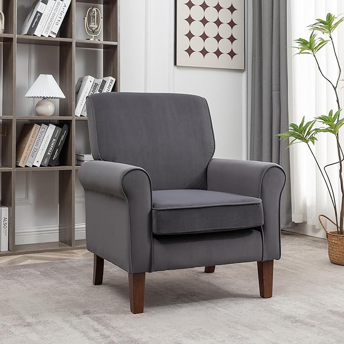 Classic Accent Armchair with Birch Wood Frame and Comfortable Rolled Armrests Arm Chairs for Living Room Bedroom and Office Decor Grey