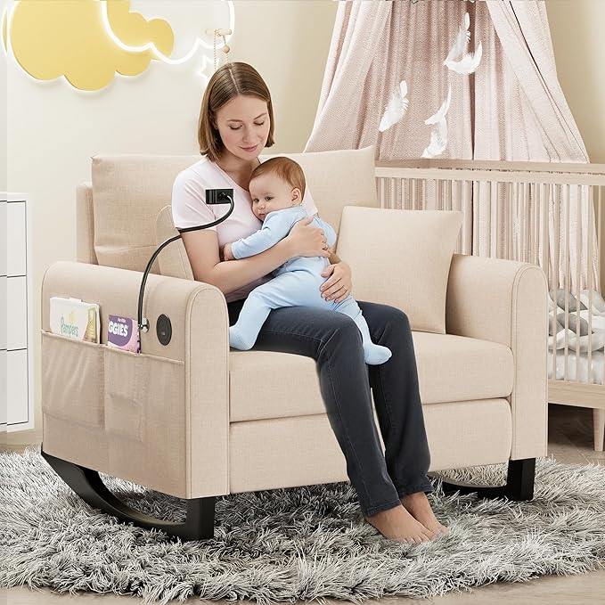HOMREST Modern Accent Rocking Chair with Phone Holder Oversized Lounge Chair with High Back Side Pockets &amp USB Port Plush Wide Recliner for Living Room Bedroom Home Office Beige
