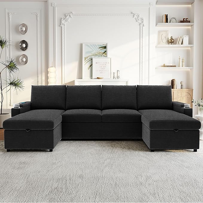 109.5 Sectional Sofa Convertible Pull-Out Sofa Bed with 2 Storage Chaise Lounges and Cup Holders Chenille Fabric U-Shaped Couch with Storage Boxes &amp USB Ports for Living Room (Black-9.19)