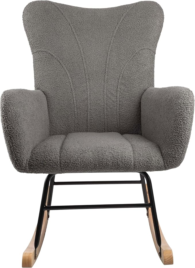 Rocking Chair - Teddy Fabric Upholstered Chair with Padded Seat and Contoured Armrests - Ergonomic Modern Rocker for Bedroom by Lavish Home (Gray)