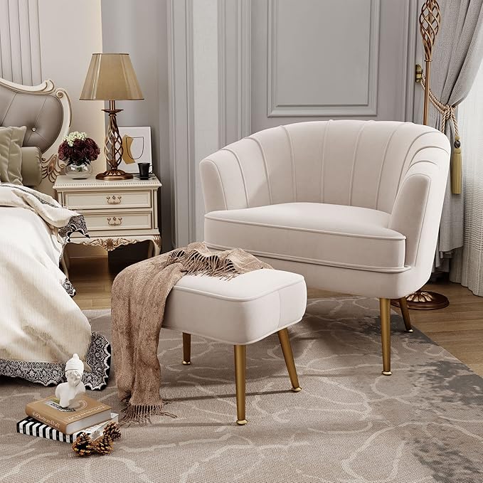 Andeworld Velvet Accent Chair with Ottoman Upholstered Modern Single Sofa Side ChairComfy Barrel Club Living Room Armchair with Golden Metal Legs for Bedroom Living Reading Room Office Beige