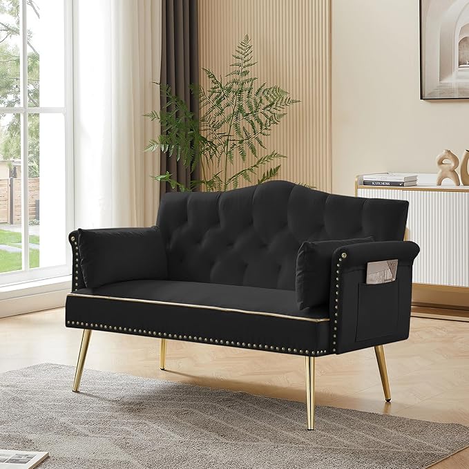 KEIKI 55 Velvet Loveseats Sleeper Sofa with 2 Arm Pocket and 4 Solid Metal Legs Modern Style 2-Seater Couch with Tufted Back and Seat Easy Assembly for Apartment Living Room and Bedroom Black