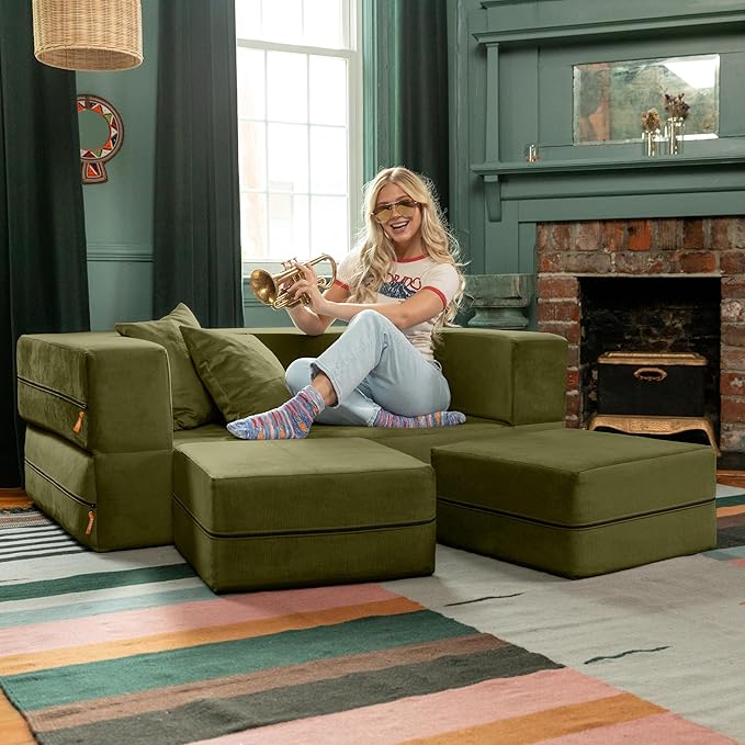 Jaxx Zipline Convertible Sleeper Loveseat &amp Ottomans/Queen-Size Bed Moss