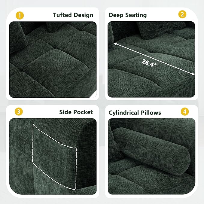 101.2 Sectional Sofa Full-Compressed Sofa Modular Sofa Couch Free-Combined with Deep Seating and Two Side Pockets for Living Room (Green@90)