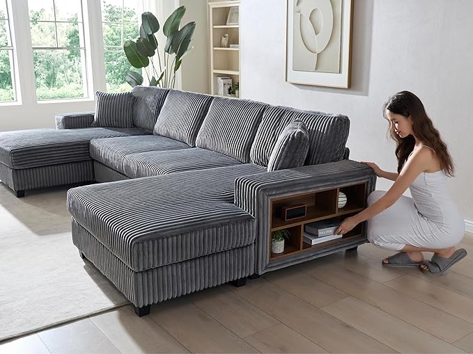 ERYE U-Shaped Modular Sectional Sofa Convertible Symmetrical Sofa Couch with Removable Chaise Lounges U Shaped Double Chaises Sectional Couches with Storage Armrests