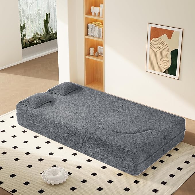 2 in 1 Convertible Compressed Sofa Bed 49'' Modern Boneless Single Sleeper in a Box Floor Mattress Futon Loveseat Couch No Assembly Needed Space Saving Dark Grey 2 Pillows Twin for Home