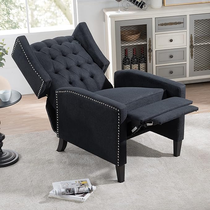 Pushback ReclinerComfortable Wingback Recliner Sofa Chair with Adjustable Backrest Tufted Fabric Upholstered ArmchairRetro Rivets Decorated Recliner for Living Room Bedroom Office Home(Black)