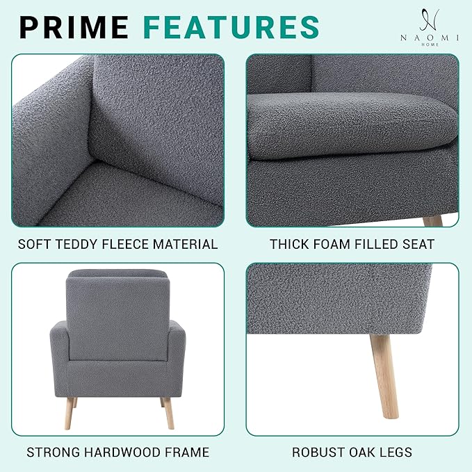 Naomi Home Frida Mid - Century Accent Chairs Set of 2 Durable Wood Frame Living Room Chairs Set of 2 Reading Chair with armrest Soft Teddy Fleece Side Chair Oak Legs arm Chairs - Gray