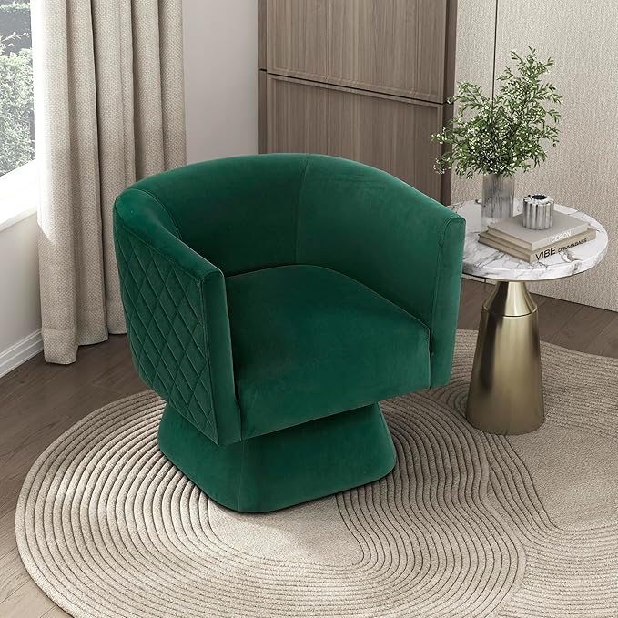 Lexicon 360 Degree Swivel Accent Chair Modern Comfy Velvet Barrel Chair Diamond Stitched Details Plush Foam Cushions Metal Swivel Base for Living Room/Bedroom/Apartment/Office Green