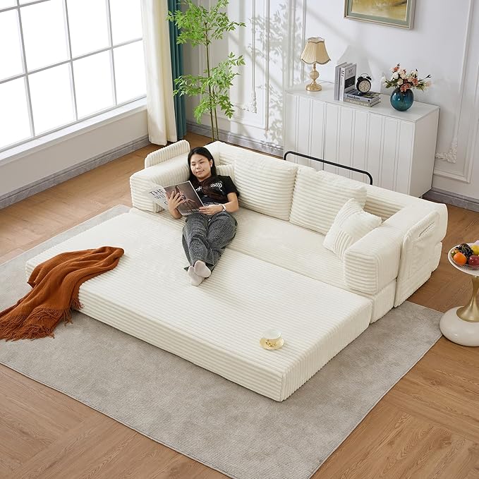 4-in-1 Floor Sofa King Size No Assembly Upholstered Boneless Pull Out Couch Bed with 4 Pillows Oversized Corduroy Foam Compressed Sofa Couch in A Box for Living Room Sleeper (Beige)