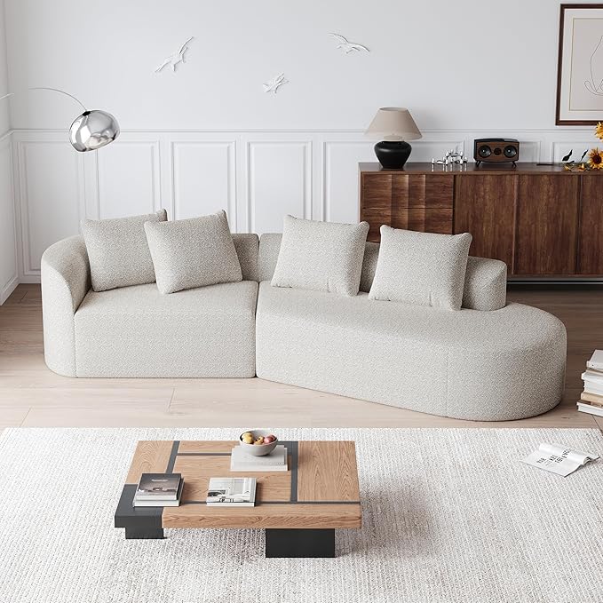 KEIKI 112 inch Curved Sectional Sofa 4 Seater Cloud Couch with 4 Throw Pillows Deep Seat Right-Facing Leisure Lounge Sofa for Living Room Beige