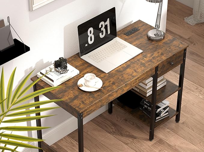Manora 43 Inch Computer Desk with Drawers and Power Outlet Home Office Computer Tables for Laptop with Open Shelves Small Desk for Small Spaces Rustic Brown