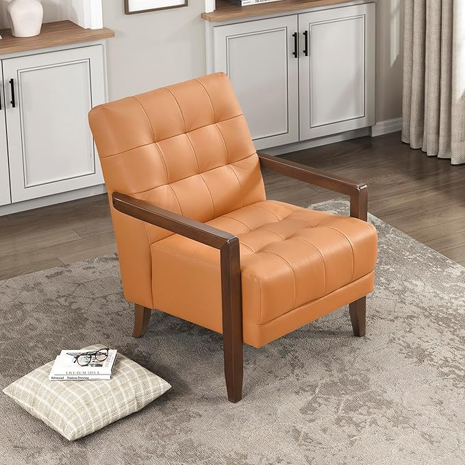 Lexicon Modern Accent Chair Luxury Genuine Leather Match Living Room Chair with Tufted Cushions Solid Wood Frame and Arm Rest Comfy Upholstered Single Seat for Bedroom/Reading/Office Orange