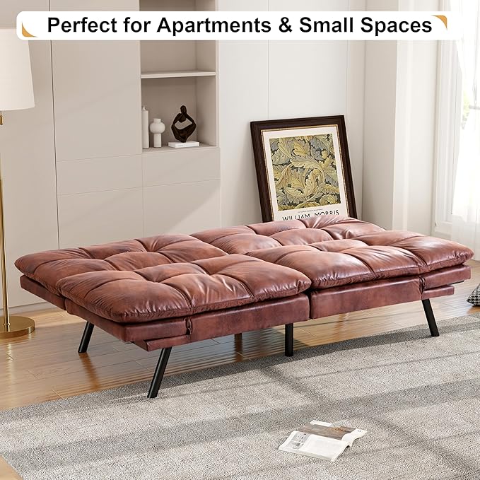 71 Futon Sofa Bed Memory Foam Convertible Faux Leather Futon Couch Beds with Adjustable Armrest Backrest Multi-Functional Folding Sleeper Sofa Bed for Living Room Apartment Brown