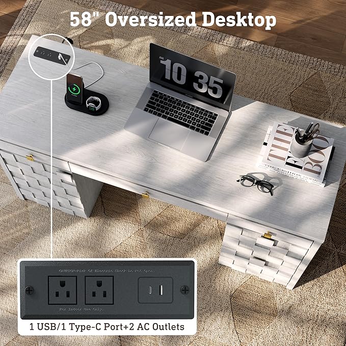 58 Executive Desk with Drawers Home Office Desk with Charging Station &amp Keyboard Tray Wood Office Desk with File Drawer &amp Storage Cabinet Modern Computer Writing Desk with Adjustable Shelf