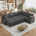 109.9 Modern Sectional Sofa Pull-Out Sofa Bed Sleeper with Storage Ottoman and 2 Cup Holders Chenille Convertible U-Shaped Couch Bed for Living Room (Grey-3.13)