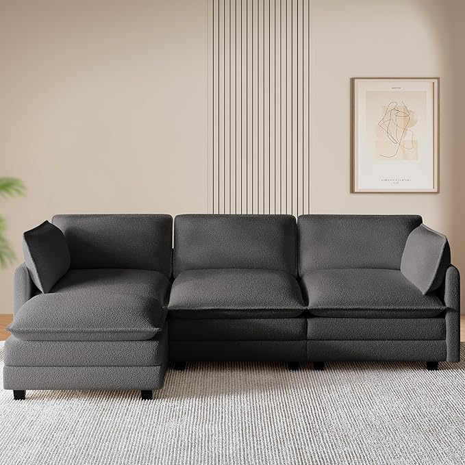 ROWHY 112'' Modular Sectional Cloud Couch with Movable Ottoman 4 Seat Modern Chenille Sofa with 2 Throw Pillows Deep Seat L Shaped Couch for Living Room Bedroom Apartment Dark Grey | Arrange Freedo