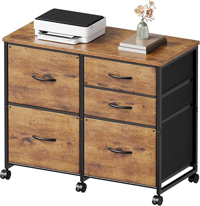 Lateral File Cabinet with 5 Drawers Rolling Filing Cabinets Under Desk Storage Printer Stand with WheelsMobile File Cabinet for Home OfficeRustic Brown