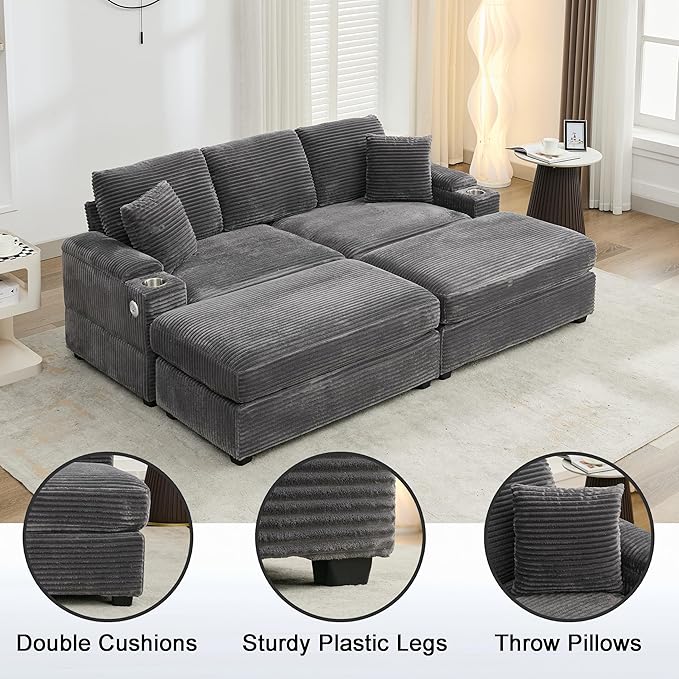 86.6 Sectional Sofa Couch with 2 Ottomans Comfy Corduroy Upholstered Cloud Modular Convertible Couch with Cup Holders and USB Armrest Storage Deep Seat Oversized Loveseat for Living Room (Gray)