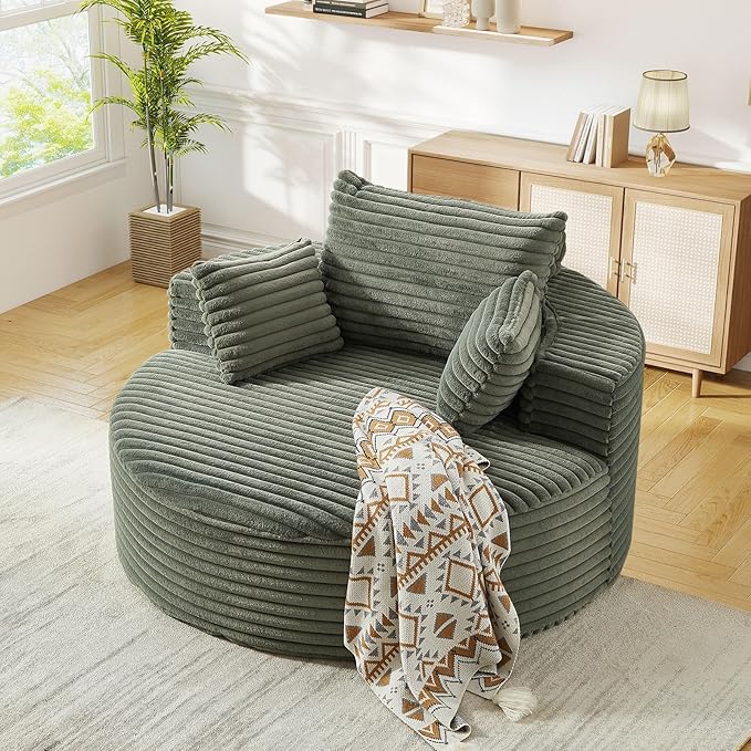 Modern Round Accent Sofa Chair for Living Room Upholstered Corduroy Barrel Lounge Arm Chair with Large seat&ampThrow Pillows for Bedroom Office Apartment Green