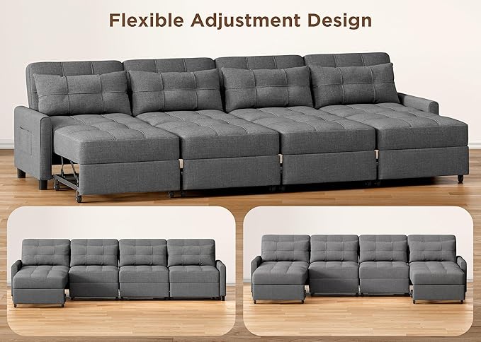 Aiho Pull Out Couch Convertible Sofa Bed with Adjustable Backrest 5 Seater Sectional Sleeper Sofa Couch Bed with Spring Support for Apartment Living Room Dark Grey