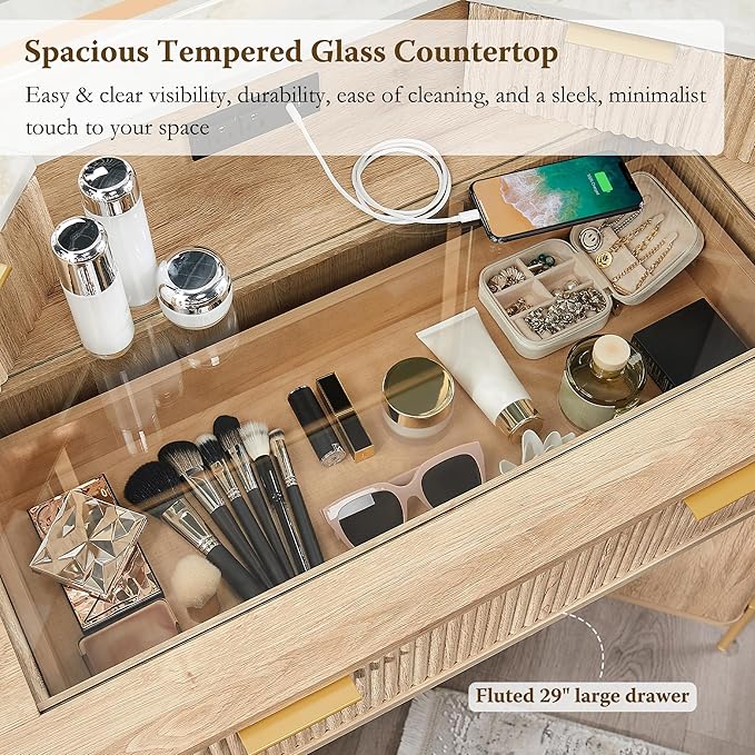 T4TREAM 48 Fluted Makeup Vanity Desk with HD Triple Mirror and Lights Large Lighted Corner Vanity with Glass Top Modern Dressing Table with 3 Drawers &amp 2 Cabinets for Bedroom Natural Oak