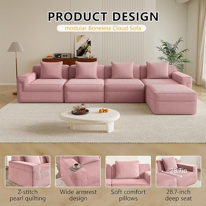 Boneless Couch153.5 No Assembly L Shaped Oversize Modular Sectional Cloud CouchSolid Foam Corduroy Sofa with Ottoman for Living Room (Pink Corduroy4 Seats with Ottoman)