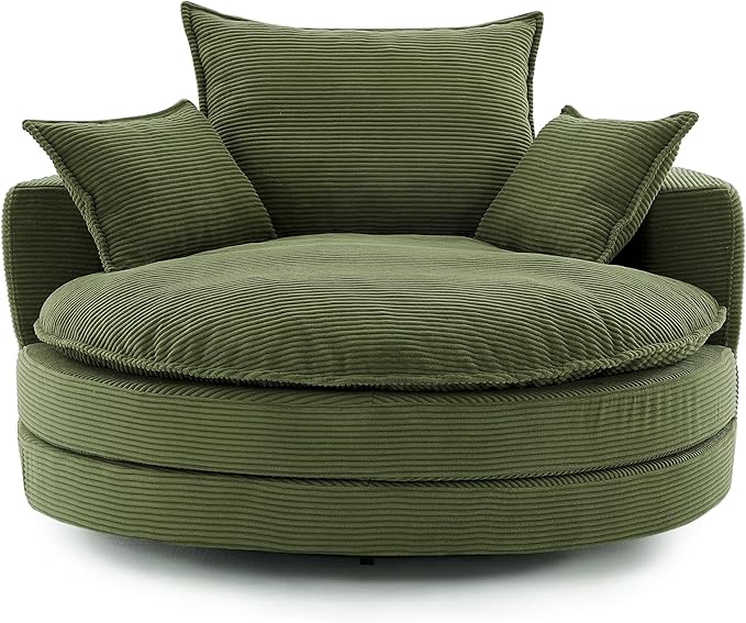 Merax 360° Swivel Sofa Chair 57.5 Swivel Accent Barrel Chair with Dual-Layer Cushion Design Modern Corduroy Leisure Sofa Round Chaise Lounge with 3 Removable Pillows for Living Room Bedroom