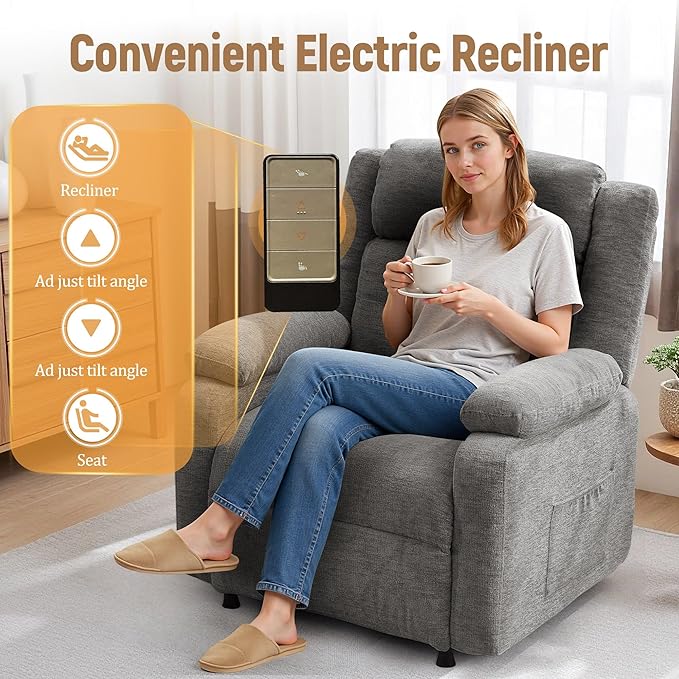 Power Recliner Chair for Adults Oversized Electric Recliner with Thickened Cushions Chenille Fabric Reclining Chair for Living Room Bedroom LightGrey