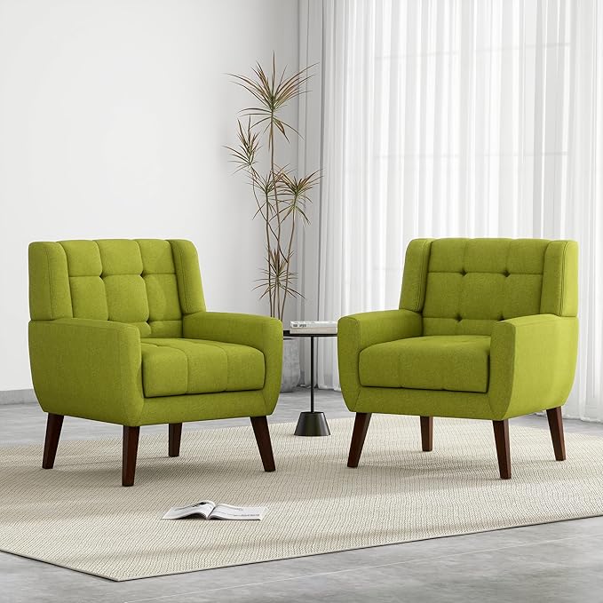 UIXE Accent Chairs Set of 2 Modern Upholstered Arm Chair in Fabric for Living Room Comfy Armchair Single Sofa Seat with Solid Wooden Legs (Green)