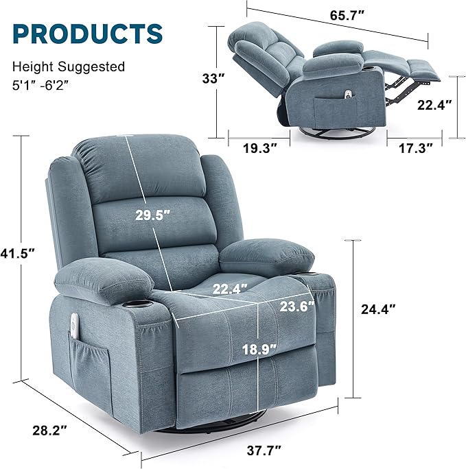 Rocker Recliner Chair with Heat and Massage 360° Swivel Nursery Rocking Chairs for Adults Oversized Recliner Single Sofa Seat with Cup Holders Lazy Boy Recliner Single Sofa (Manual Blue)