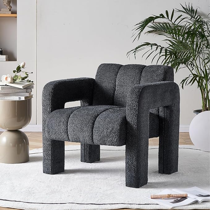 Yoglad Modern Accent Chair Set of 2 Bouclé Fabric Upholstered Armchair Comfy Single Chair for Living Room Lounge Bedroom Office-Dark Grey