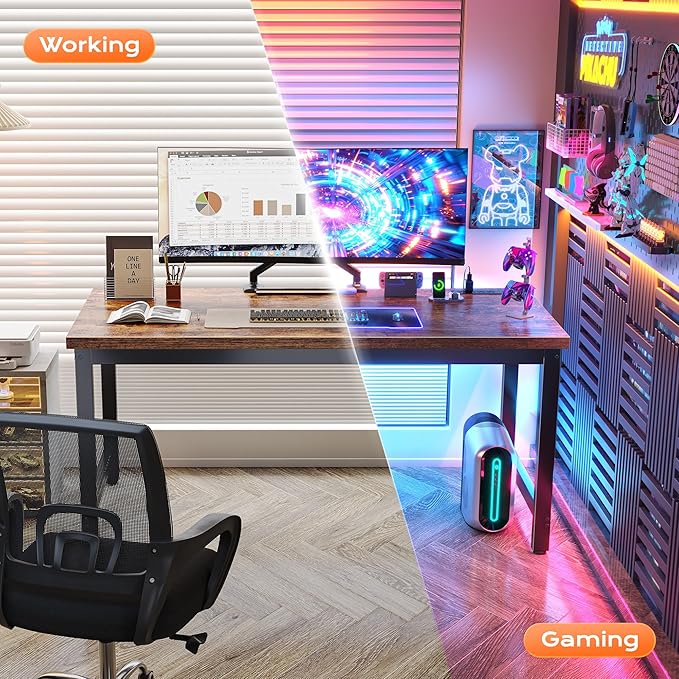 Huuger 55 x 24 inch Desk with Power Outlets &amp USB-C Deeper &amp Thicker Desktop Robust Metal Tubes Computer Desk Heavy Duty Office Desk Work Gaming Desk for Home Office Rustic Brown