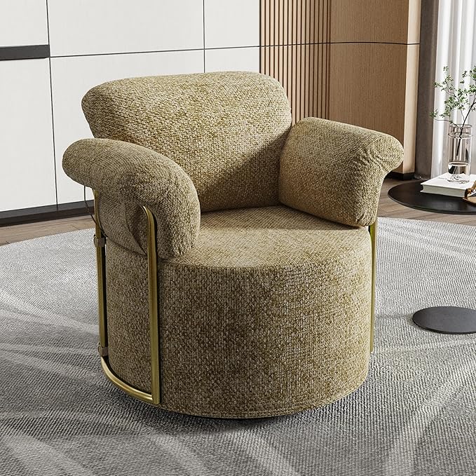 Swivel Accent Sofa Chair 360 Degree Round Barrel Design Upholstered Comfy Reading Chair for Living Room Bedroom Apartment Small Space Seating with Supportive Foam Spring Cushion Brown