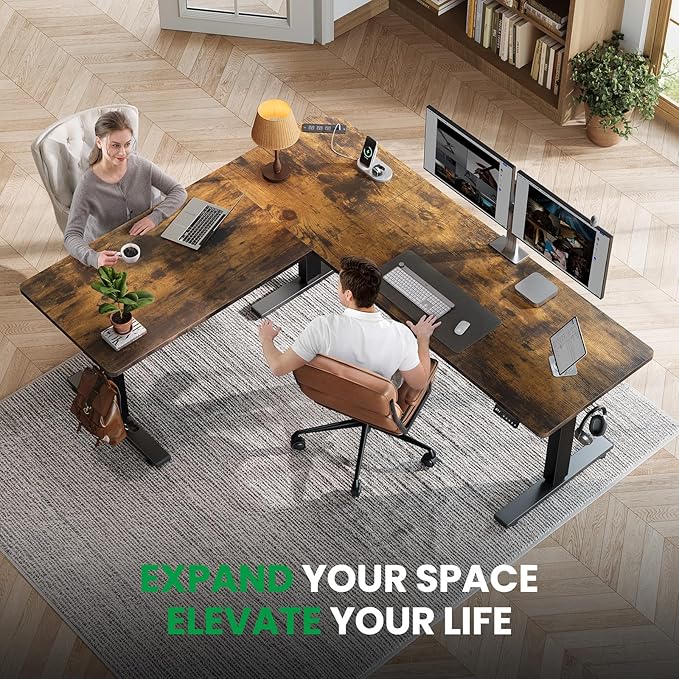 L-Shaped Standing Desk - 75 x 63 Inch Adjustable Corner Standing Desk with Charging Station - L Shape Sit Stand Table with Memory Controller Splice Board for Home Office